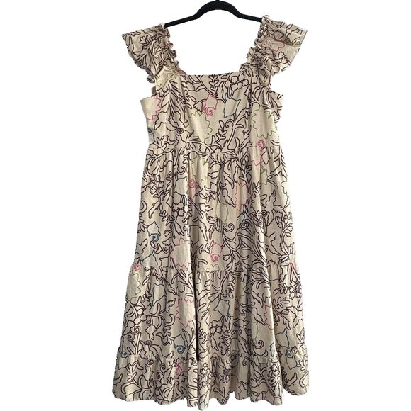 KNOX ROSE Women Midi Dress Sz M Tan Floral Square Neckline Peasant Sundress 49-6 - Picture 1 of 11